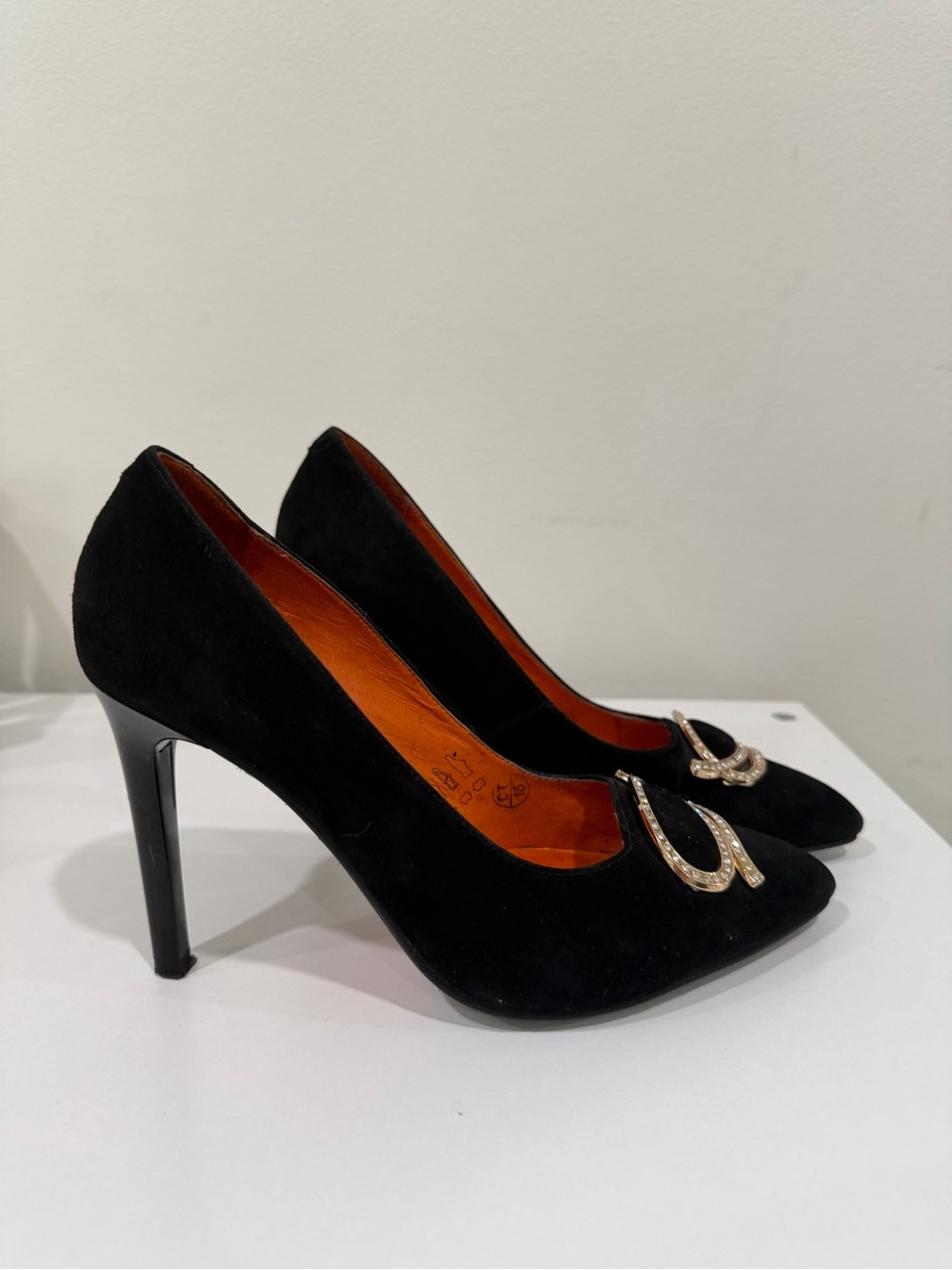 Black Suede Crystal-Embellished Pointed-Toe Heels